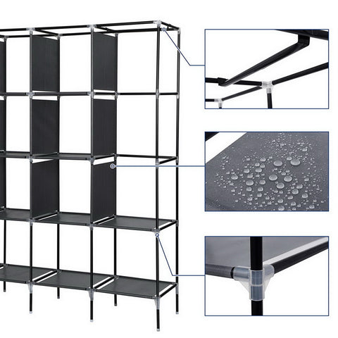 67" Clothes Closet Portable Wardrobe Clothes Storage Rack 12 Shelves 4 Side Pockets Gray