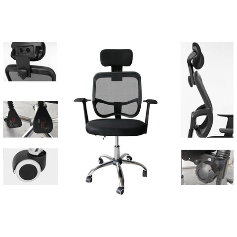 Mesh Back Gas Lift Back Tilt Adjustable Office Swivel Chair with Headrest & Armrests Black