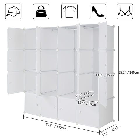 16 Cube Organizer Stackable Plastic Cube Storage Shelves Design Multifunctional Modular Closet Cabinet with Hanging Rod White