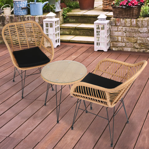 Oshion 3 pcs Wicker Rattan Patio Conversation Set with Tempered Glass Table Flaxen Yellow