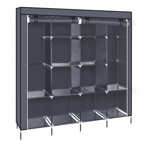 67" Clothes Closet Portable Wardrobe Clothes Storage Rack 12 Shelves 4 Side Pockets Gray