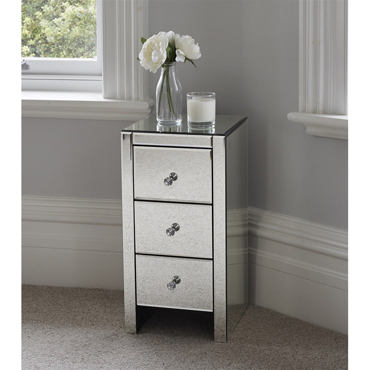 Mirrored Glass Bedside Table with Three Drawers Size S