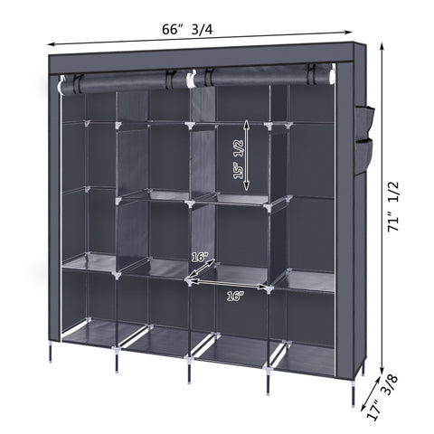 67" Clothes Closet Portable Wardrobe Clothes Storage Rack 12 Shelves 4 Side Pockets Gray