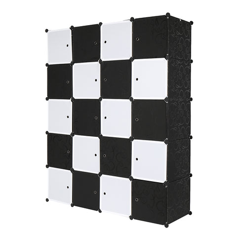 20 Cube Organizer Stackable Plastic Cube Storage Shelves Design Multifunctional Modular Closet Cabinet with Hanging Rod Black and White