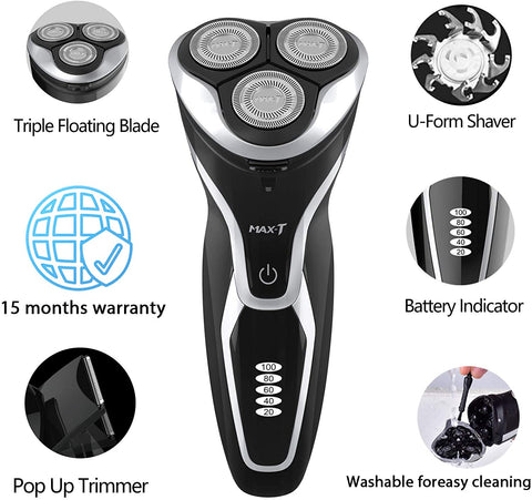 MAX-T Men's Electric Wet and Dry Shaver, 3D ProSkin IPX7 Waterproof Electric Shaver with Pop-up Precision Trimmer, Rechargeable and Cordless Electric Shaver.