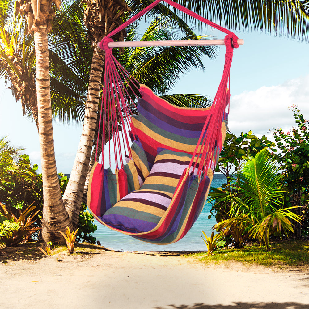 Distinctive Cotton Canvas Hanging Rope Chair with Pillows Rainbow