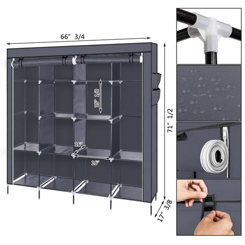 67" Clothes Closet Portable Wardrobe Clothes Storage Rack 12 Shelves 4 Side Pockets Gray