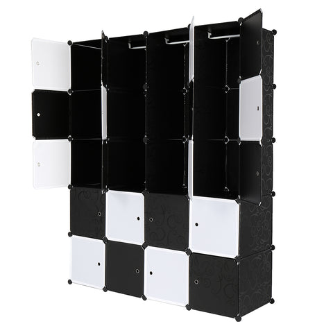 20 Cube Organizer Stackable Plastic Cube Storage Shelves Design Multifunctional Modular Closet Cabinet with Hanging Rod Black and White