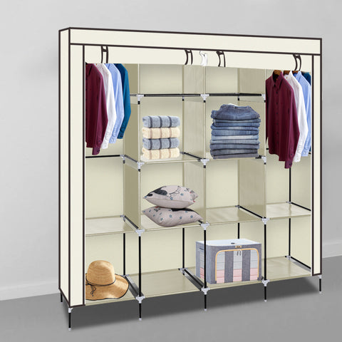 67" Clothes Closet Portable Wardrobe Clothes Storage Rack 12 Shelves 4 Side Pockets Beige