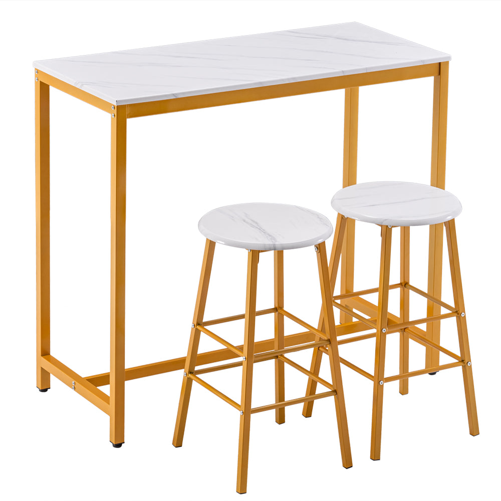 100*45*92 cm PVC Marble Simple Bar Table Round Bar Stool Golden Paint (One Table and Two Stools) White