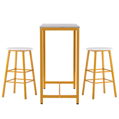 100*45*92 cm PVC Marble Simple Bar Table Round Bar Stool Golden Paint (One Table and Two Stools) White