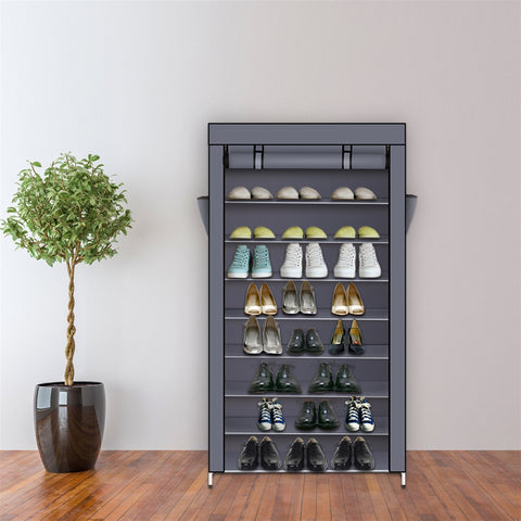 10 Tiers Shoe Rack with Dustproof Cover Closet Shoe Storage Cabinet Organizer Gray