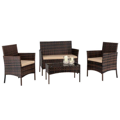 2pcs Arm Chairs 1pc Love Seat & Tempered Glass Coffee Table Rattan Sofa Set Brown Gradient