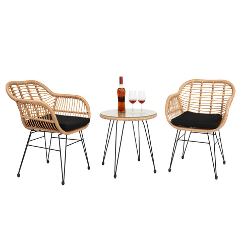 Oshion 3 pcs Wicker Rattan Patio Conversation Set with Tempered Glass Table Flaxen Yellow