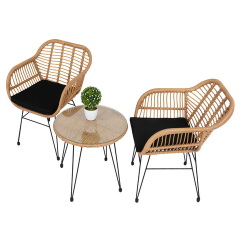 Oshion 3 pcs Wicker Rattan Patio Conversation Set with Tempered Glass Table Flaxen Yellow