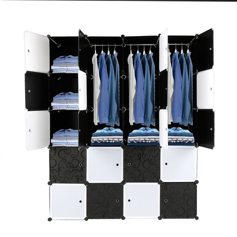 20 Cube Organizer Stackable Plastic Cube Storage Shelves Design Multifunctional Modular Closet Cabinet with Hanging Rod Black and White