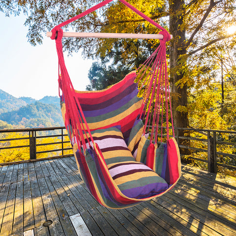 Distinctive Cotton Canvas Hanging Rope Chair with Pillows Rainbow