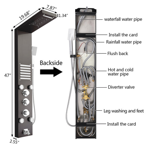 Top LED light 48 inch Shower Panel Tower System Stainless Steel 6 in 1 Multi-Function Shower Panel with Spout Rainfall Waterfall Massage Jets Tub Spout Hand Shower - Black