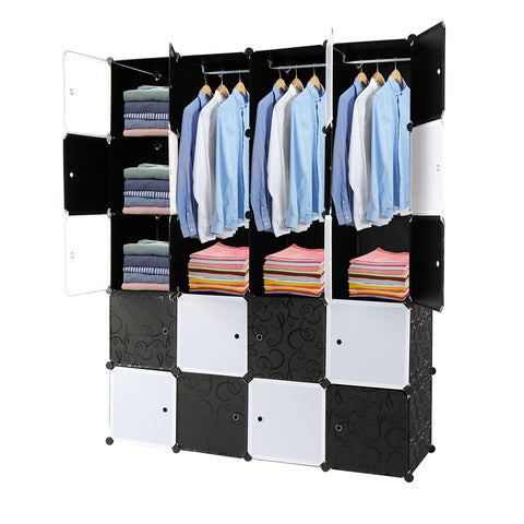 20 Cube Organizer Stackable Plastic Cube Storage Shelves Design Multifunctional Modular Closet Cabinet with Hanging Rod Black and White