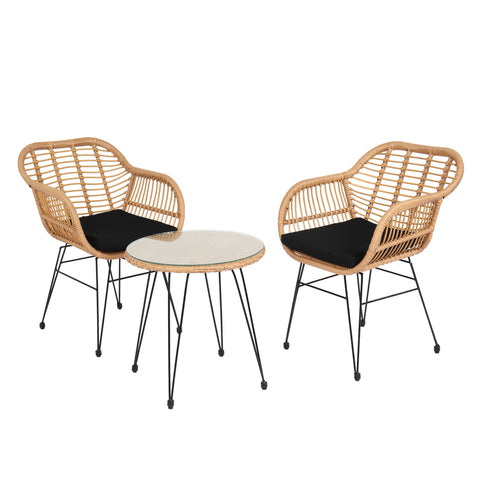 Oshion 3 pcs Wicker Rattan Patio Conversation Set with Tempered Glass Table Flaxen Yellow