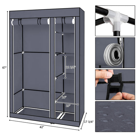 67" Portable Clothes Closet Wardrobe with Non-woven Fabric and Hanging Rod Quick and Easy to Assemble Gray