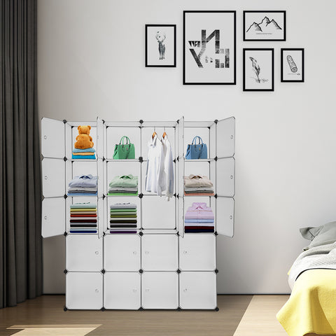 20 Cube Organizer Stackable Plastic Cube Storage Shelves Design Multifunctional Modular Closet Cabinet with Hanging Rod White