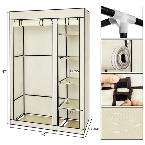 67" Portable Clothes Closet Wardrobe with Non-woven Fabric and Hanging Rod Quick and Easy to Assemble Beige