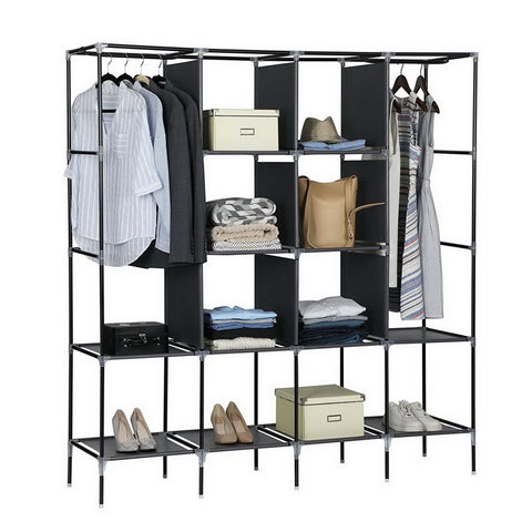 67" Clothes Closet Portable Wardrobe Clothes Storage Rack 12 Shelves 4 Side Pockets Gray