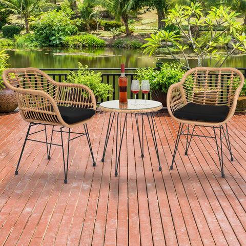 Oshion 3 pcs Wicker Rattan Patio Conversation Set with Tempered Glass Table Flaxen Yellow