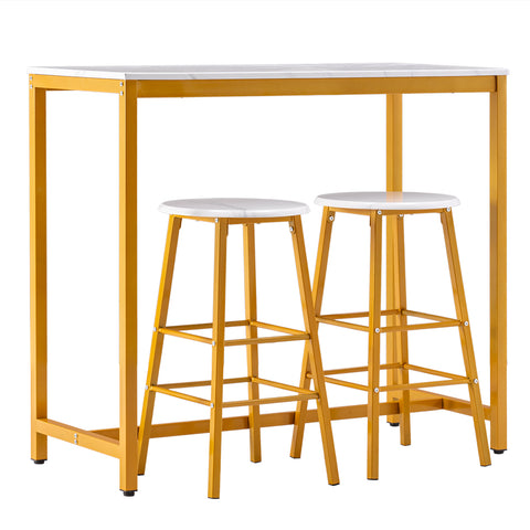 100*45*92 cm PVC Marble Simple Bar Table Round Bar Stool Golden Paint (One Table and Two Stools) White