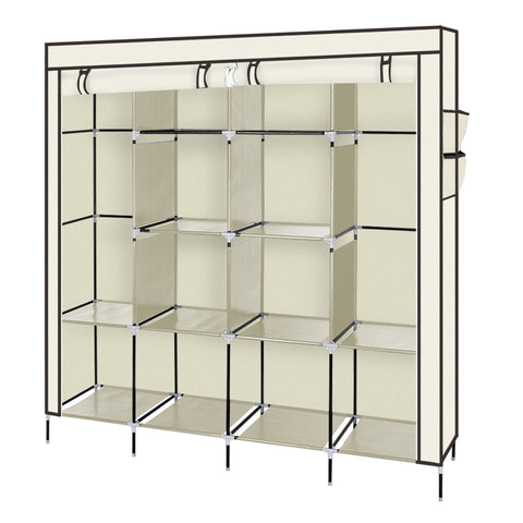 67" Clothes Closet Portable Wardrobe Clothes Storage Rack 12 Shelves 4 Side Pockets Beige