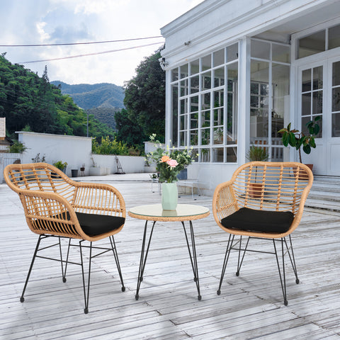 Oshion 3 pcs Wicker Rattan Patio Conversation Set with Tempered Glass Table Flaxen Yellow