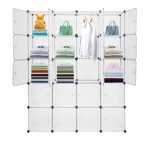 20 Cube Organizer Stackable Plastic Cube Storage Shelves Design Multifunctional Modular Closet Cabinet with Hanging Rod White