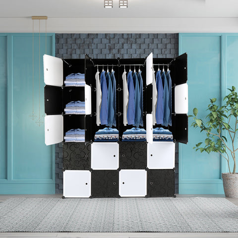 20 Cube Organizer Stackable Plastic Cube Storage Shelves Design Multifunctional Modular Closet Cabinet with Hanging Rod Black and White