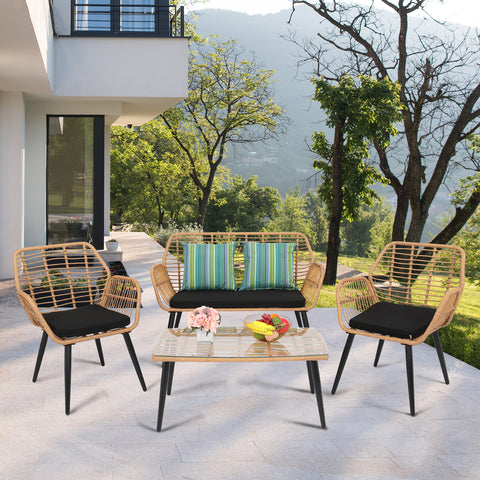 PE Steel Outdoor Wicker Rattan Chair Four-Piece Patio Furniture Set Yellow