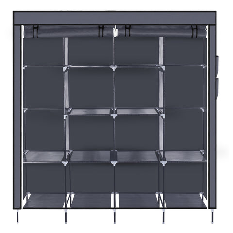 67" Clothes Closet Portable Wardrobe Clothes Storage Rack 12 Shelves 4 Side Pockets Gray