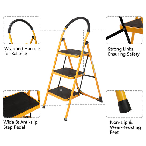 Portable Lightweight Anti-Slip 3 Step Stool Ladder with Handgrip & Pedal, Iron