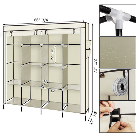 67" Clothes Closet Portable Wardrobe Clothes Storage Rack 12 Shelves 4 Side Pockets Beige