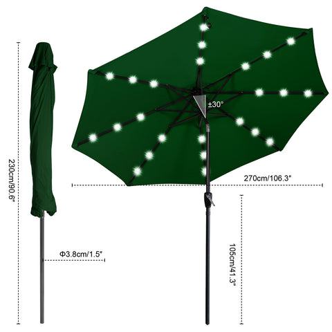 2.7M Garden Parasol with Solar-Powered LED Lights, Patio Umbrella with 8 Sturdy Ribs, Outdoor Sunshade Canopy with Crank and Tilt Mechanism UV Protection for Deck, Patio and Balcony