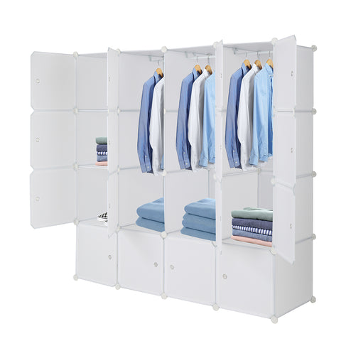 16 Cube Organizer Stackable Plastic Cube Storage Shelves Design Multifunctional Modular Closet Cabinet with Hanging Rod White