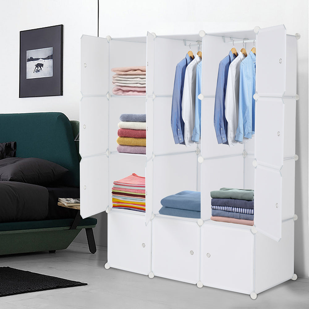 12 Cube Organizer Stackable Plastic Cube Storage Shelves Design Multifunctional Modular Closet Cabinet with Hanging Rod White