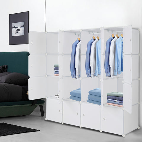 16 Cube Organizer Stackable Plastic Cube Storage Shelves Design Multifunctional Modular Closet Cabinet with Hanging Rod White