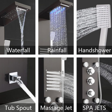 Top LED light 48 inch Shower Panel Tower System Stainless Steel 6 in 1 Multi-Function Shower Panel with Spout Rainfall Waterfall Massage Jets Tub Spout Hand Shower - Black