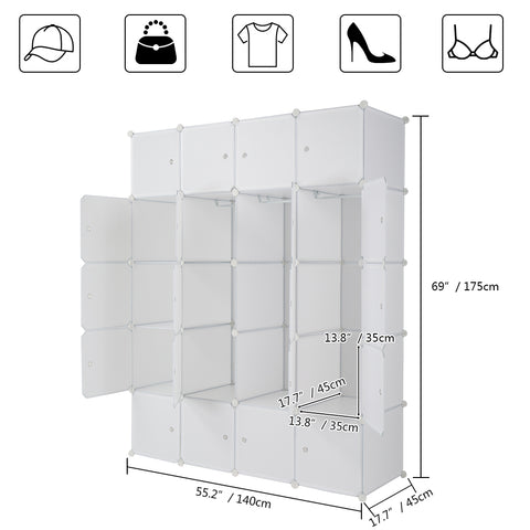 20 Cube Organizer Stackable Plastic Cube Storage Shelves Design Multifunctional Modular Closet Cabinet with Hanging Rod White