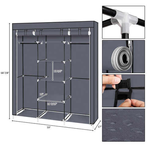 69" Portable Clothes Closet Non-Woven Fabric Wardrobe Double Rod Storage Organizer Gray