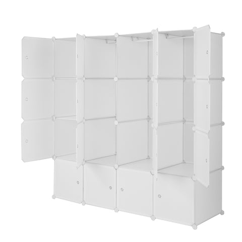 16 Cube Organizer Stackable Plastic Cube Storage Shelves Design Multifunctional Modular Closet Cabinet with Hanging Rod White