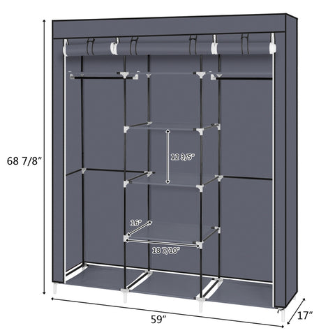 69" Portable Clothes Closet Non-Woven Fabric Wardrobe Double Rod Storage Organizer Gray