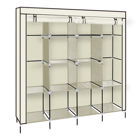 67" Clothes Closet Portable Wardrobe Clothes Storage Rack 12 Shelves 4 Side Pockets Beige