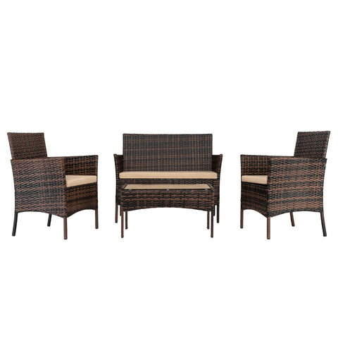 2pcs Arm Chairs 1pc Love Seat & Tempered Glass Coffee Table Rattan Sofa Set Brown Gradient