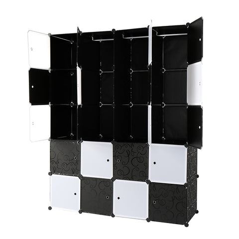 20 Cube Organizer Stackable Plastic Cube Storage Shelves Design Multifunctional Modular Closet Cabinet with Hanging Rod Black and White